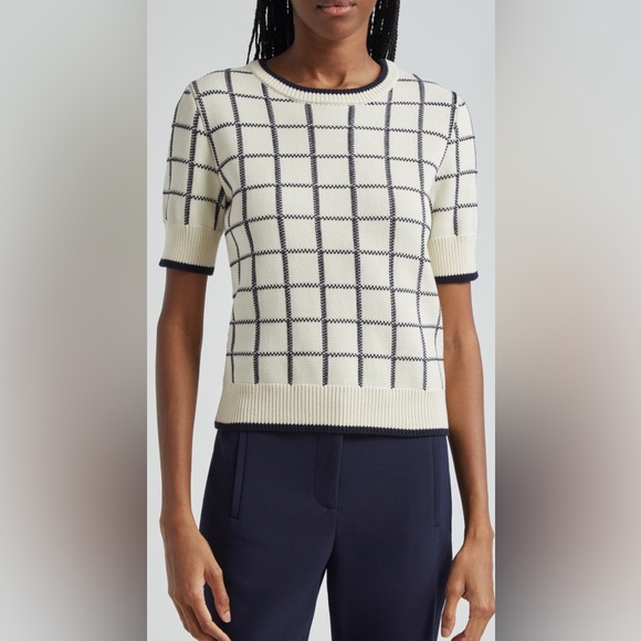 Veronica Beard Windowpane Check Short Sleeve Sweater - Ivory and Navy - Picture 2 of 7